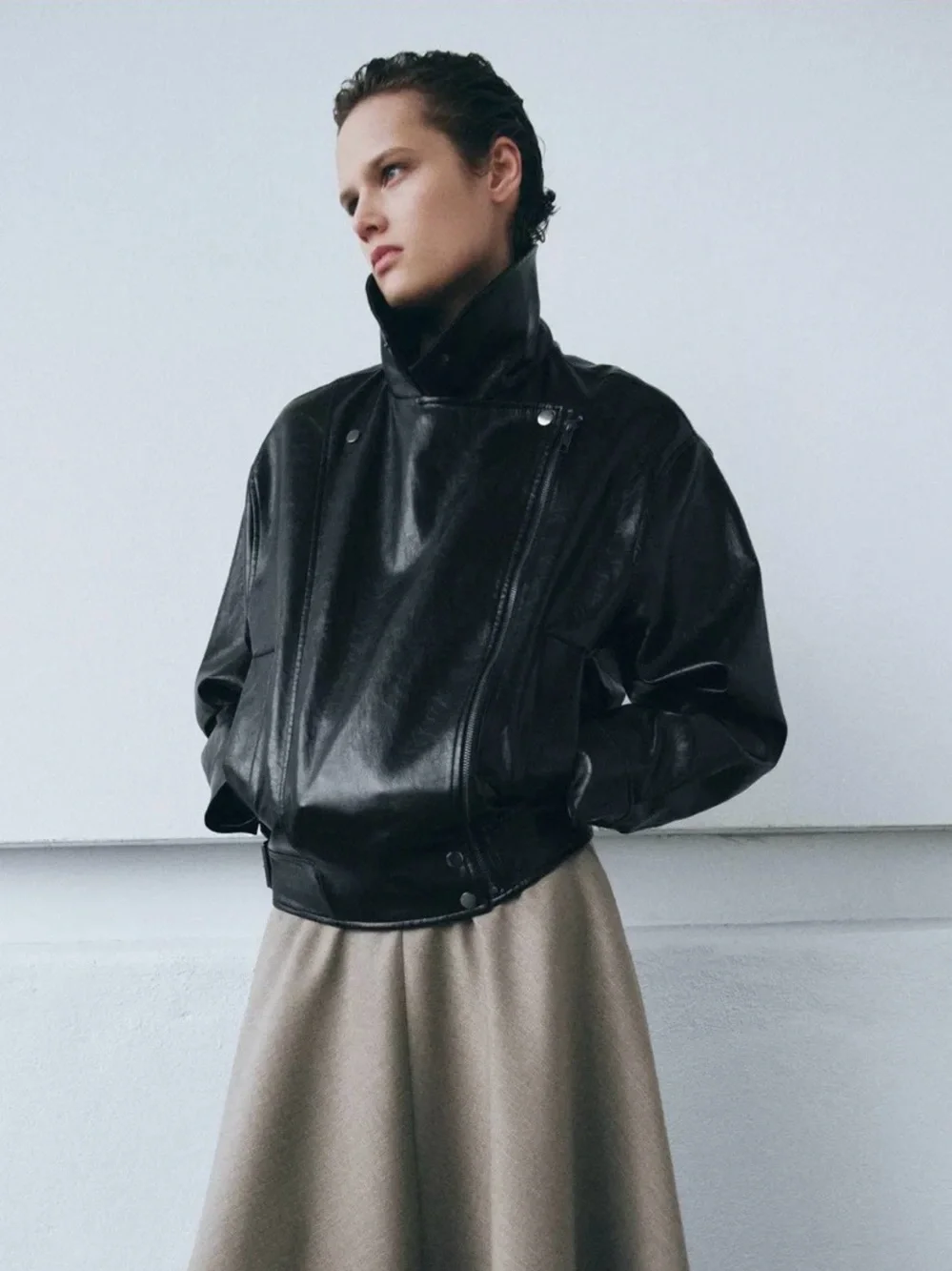 NWT Zara ZW Collection faux leather jacket with lapel collar and belted hem. S.